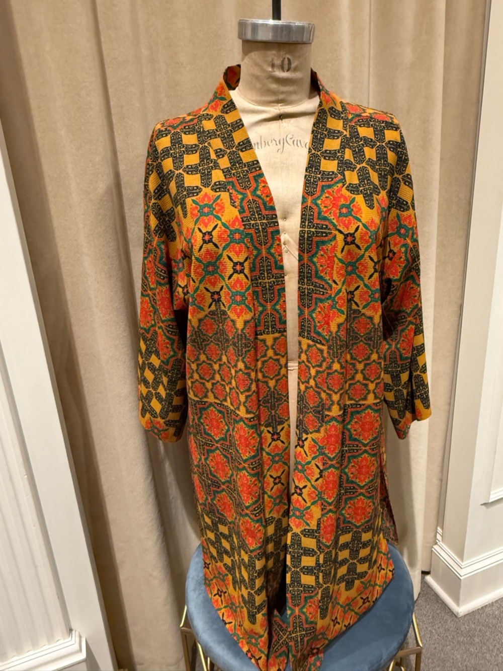 Boho Open-Front Kimono in Mustard, Tomato and Teal